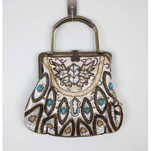 Unbranded Handbags - Boho Beaded Frame Bag Purse Evening Gold Turquoise Off-White 11W x 9.5H